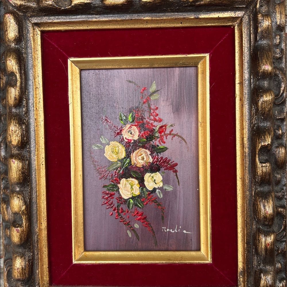 Vintage floral still life oil painting bouquet of roses and other blossom - Picture 2 of 4
